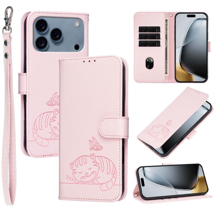 Custodia per telefono in ecopelle con cinturino e stampa a rilievo di gatto e farfalla, con protezione RFID., For iPhone 17e / 16e, For iPhone 17 Pro Max, For iPhone 17 Pro