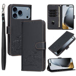 Custodia per telefono in ecopelle con cinturino e stampa a rilievo di gatto e farfalla, con protezione RFID., For iPhone 17e / 16e, For iPhone 17 Pro Max, For iPhone 17 Pro