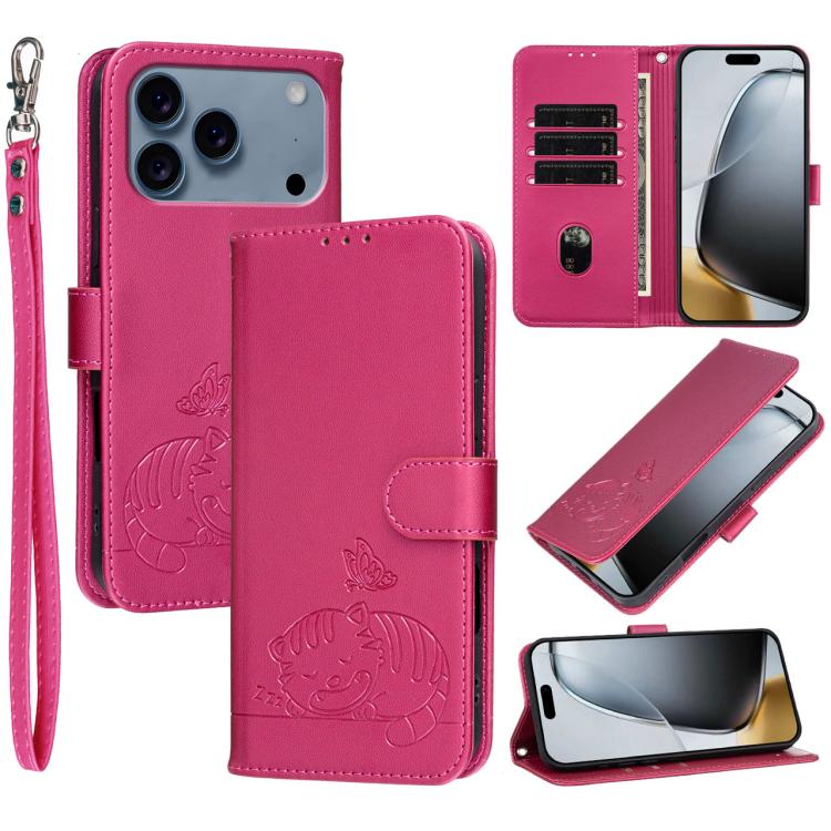 Custodia per telefono in ecopelle con cinturino e stampa a rilievo di gatto e farfalla, con protezione RFID., For iPhone 17e / 16e, For iPhone 17 Pro Max, For iPhone 17 Pro
