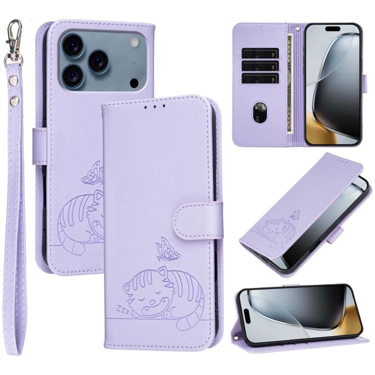 Custodia per telefono in ecopelle con cinturino e stampa a rilievo di gatto e farfalla, con protezione RFID., For iPhone 17e / 16e, For iPhone 17 Pro Max, For iPhone 17 Pro