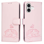Custodia per telefono in ecopelle con cinturino e stampa a rilievo di gatto e farfalla, con protezione RFID., For iPhone 17, For iPhone Air, For iPhone 16 Pro Max