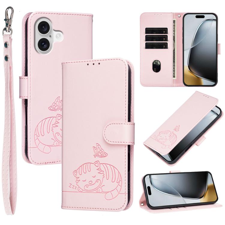 Custodia per telefono in ecopelle con cinturino e stampa a rilievo di gatto e farfalla, con protezione RFID., For iPhone 17, For iPhone Air, For iPhone 16 Pro Max