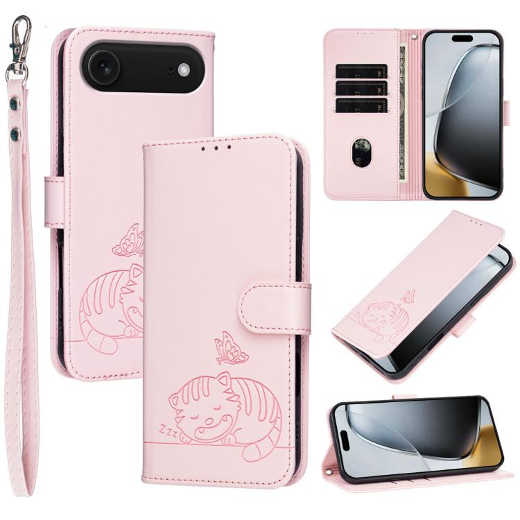 Custodia per telefono in ecopelle con cinturino e stampa a rilievo di gatto e farfalla, con protezione RFID., For iPhone 17, For iPhone Air, For iPhone 16 Pro Max