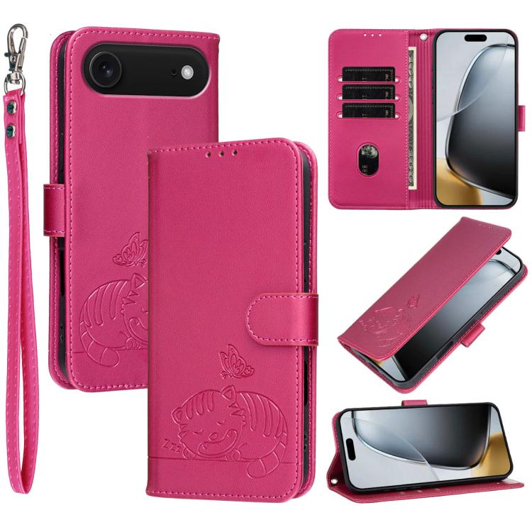 Custodia per telefono in ecopelle con cinturino e stampa a rilievo di gatto e farfalla, con protezione RFID., For iPhone 17, For iPhone Air, For iPhone 16 Pro Max