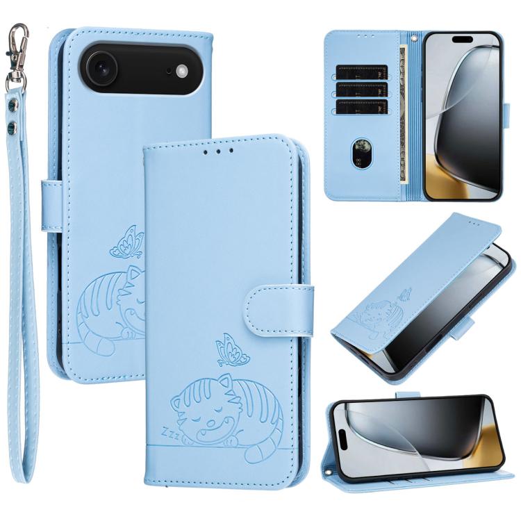 Custodia per telefono in ecopelle con cinturino e stampa a rilievo di gatto e farfalla, con protezione RFID., For iPhone 17, For iPhone Air, For iPhone 16 Pro Max