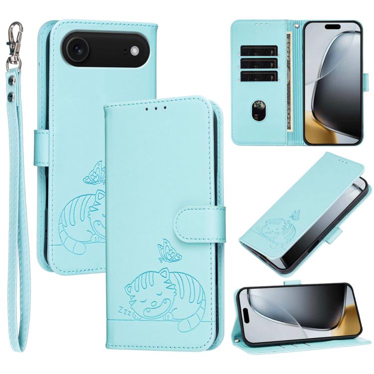 Custodia per telefono in ecopelle con cinturino e stampa a rilievo di gatto e farfalla, con protezione RFID., For iPhone 17, For iPhone Air, For iPhone 16 Pro Max