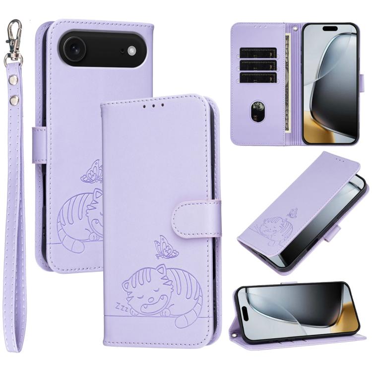 Custodia per telefono in ecopelle con cinturino e stampa a rilievo di gatto e farfalla, con protezione RFID., For iPhone 17, For iPhone Air, For iPhone 16 Pro Max