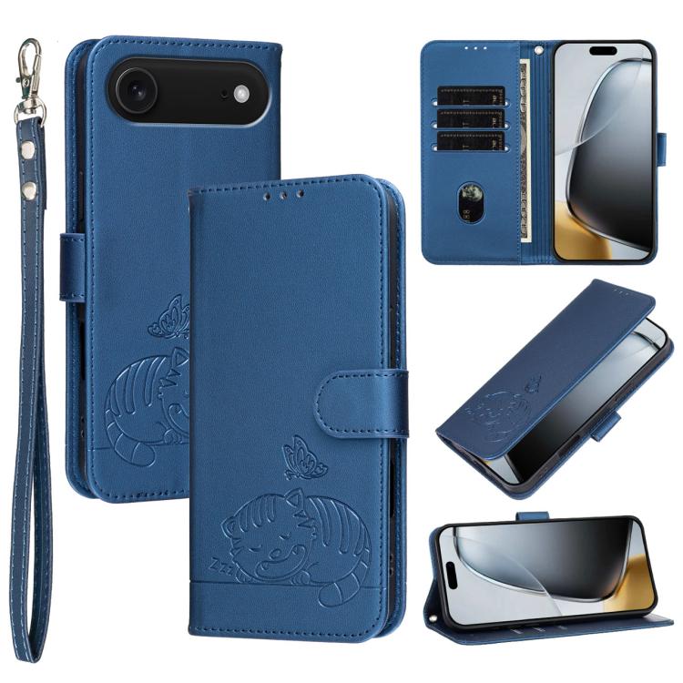 Custodia per telefono in ecopelle con cinturino e stampa a rilievo di gatto e farfalla, con protezione RFID., For iPhone 17, For iPhone Air, For iPhone 16 Pro Max