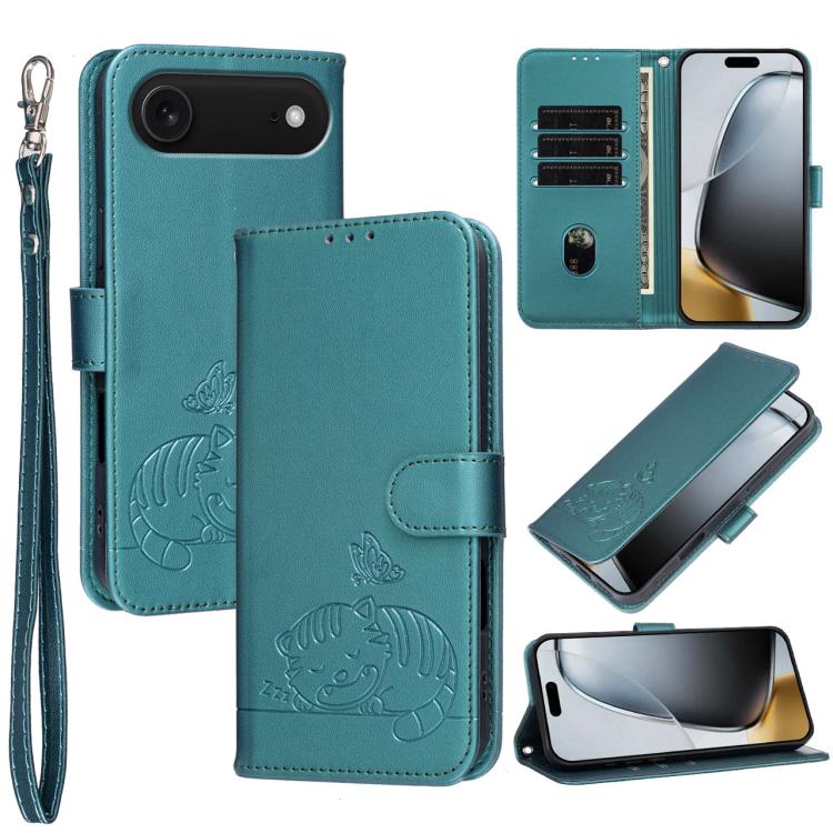 Custodia per telefono in ecopelle con cinturino e stampa a rilievo di gatto e farfalla, con protezione RFID., For iPhone 17, For iPhone Air, For iPhone 16 Pro Max
