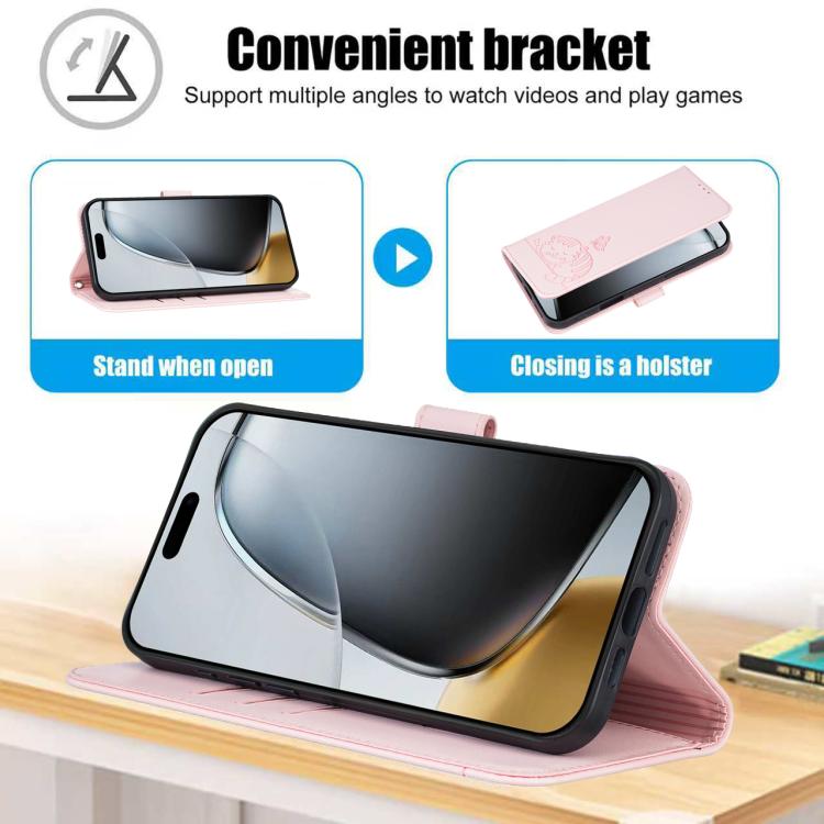 Custodia per telefono in ecopelle con cinturino e stampa a rilievo di gatto e farfalla, con protezione RFID., For iPhone 16 Pro, For iPhone 16 Plus, For iPhone 16