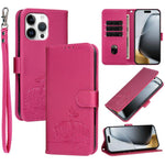 Custodia per telefono in ecopelle con cinturino e stampa a rilievo di gatto e farfalla, con protezione RFID., For iPhone 16 Pro, For iPhone 16 Plus, For iPhone 16