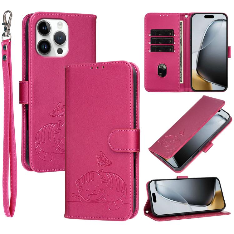 Custodia per telefono in ecopelle con cinturino e stampa a rilievo di gatto e farfalla, con protezione RFID., For iPhone 16 Pro, For iPhone 16 Plus, For iPhone 16