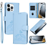 Custodia per telefono in ecopelle con cinturino e stampa a rilievo di gatto e farfalla, con protezione RFID., For iPhone 16 Pro, For iPhone 16 Plus, For iPhone 16