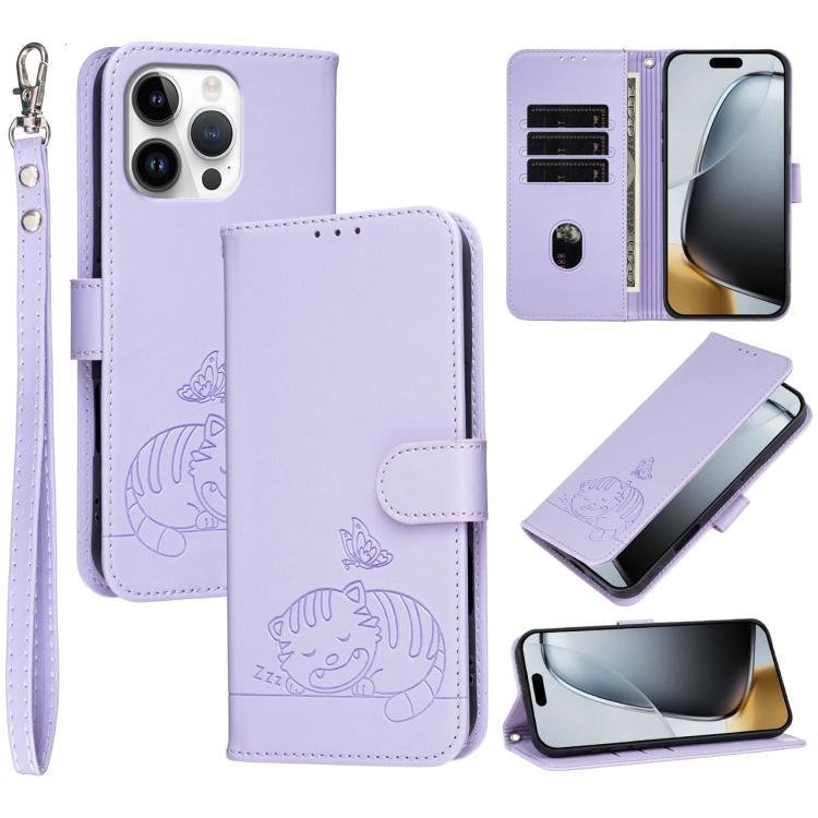 Custodia per telefono in ecopelle con cinturino e stampa a rilievo di gatto e farfalla, con protezione RFID., For iPhone 16 Pro, For iPhone 16 Plus, For iPhone 16