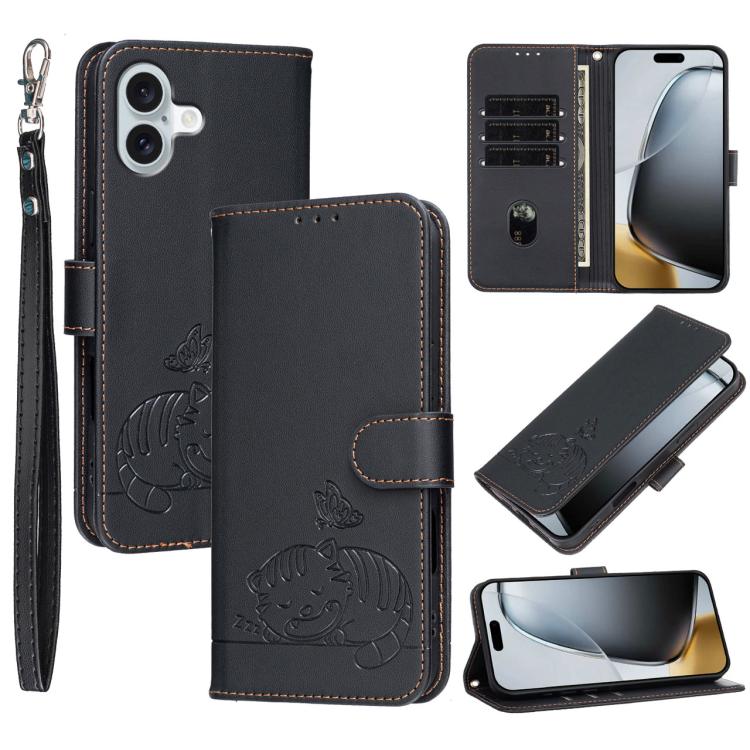Custodia per telefono in ecopelle con cinturino e stampa a rilievo di gatto e farfalla, con protezione RFID., For iPhone 16 Pro, For iPhone 16 Plus, For iPhone 16