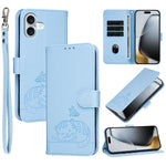 Custodia per telefono in ecopelle con cinturino e stampa a rilievo di gatto e farfalla, con protezione RFID., For iPhone 16 Pro, For iPhone 16 Plus, For iPhone 16