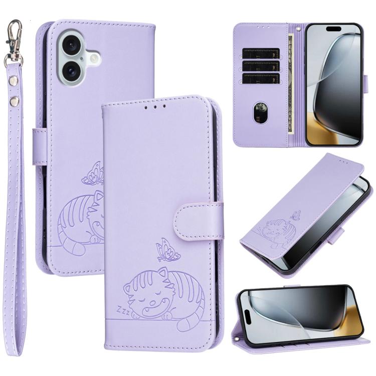 Custodia per telefono in ecopelle con cinturino e stampa a rilievo di gatto e farfalla, con protezione RFID., For iPhone 16 Pro, For iPhone 16 Plus, For iPhone 16
