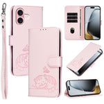 Custodia per telefono in ecopelle con cinturino e stampa a rilievo di gatto e farfalla, con protezione RFID., For iPhone 16 Pro, For iPhone 16 Plus, For iPhone 16