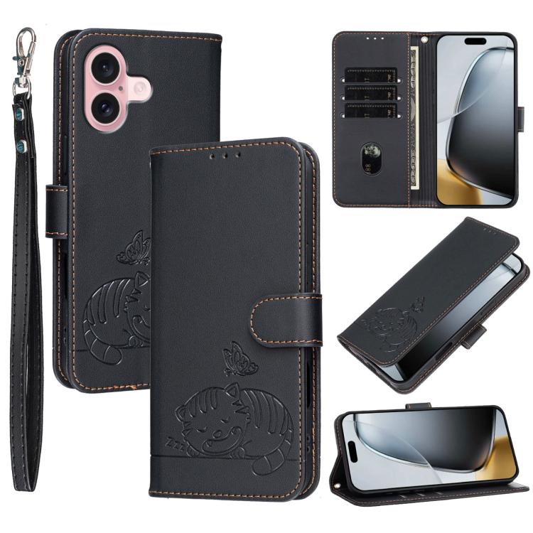 Custodia per telefono in ecopelle con cinturino e stampa a rilievo di gatto e farfalla, con protezione RFID., For iPhone 16 Pro, For iPhone 16 Plus, For iPhone 16
