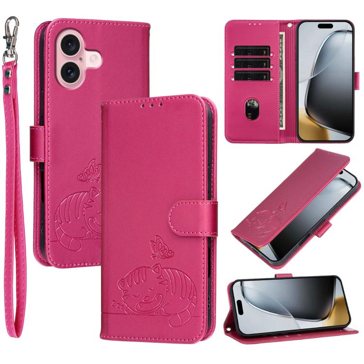 Custodia per telefono in ecopelle con cinturino e stampa a rilievo di gatto e farfalla, con protezione RFID., For iPhone 16 Pro, For iPhone 16 Plus, For iPhone 16
