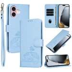 Custodia per telefono in ecopelle con cinturino e stampa a rilievo di gatto e farfalla, con protezione RFID., For iPhone 16 Pro, For iPhone 16 Plus, For iPhone 16