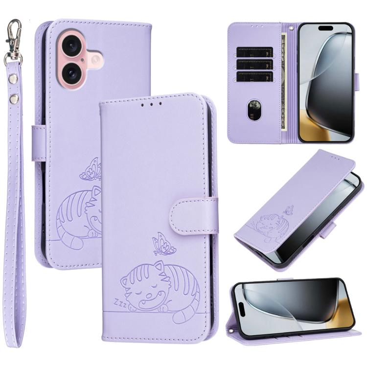 Custodia per telefono in ecopelle con cinturino e stampa a rilievo di gatto e farfalla, con protezione RFID., For iPhone 16 Pro, For iPhone 16 Plus, For iPhone 16