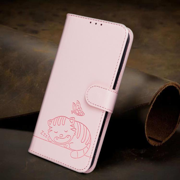 Custodia per telefono in ecopelle con cinturino e stampa a rilievo di gatto e farfalla, con protezione RFID., For iPhone 15 Pro Max, For iPhone 15 Pro, For iPhone 15 Plus