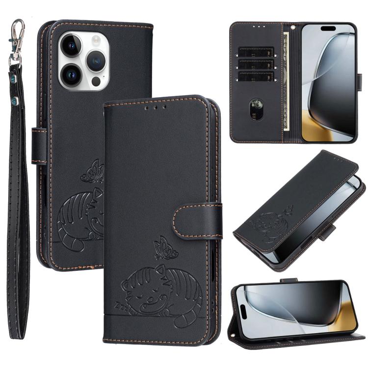Custodia per telefono in ecopelle con cinturino e stampa a rilievo di gatto e farfalla, con protezione RFID., For iPhone 15 Pro Max, For iPhone 15 Pro, For iPhone 15 Plus