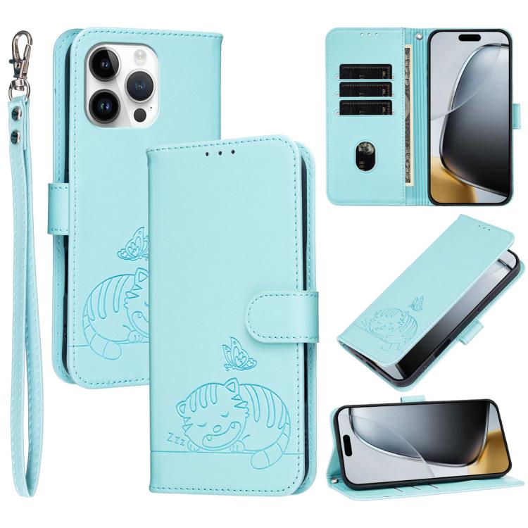 Custodia per telefono in ecopelle con cinturino e stampa a rilievo di gatto e farfalla, con protezione RFID., For iPhone 15 Pro Max, For iPhone 15 Pro, For iPhone 15 Plus