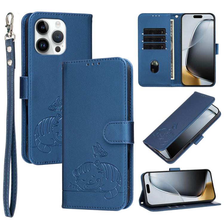 Custodia per telefono in ecopelle con cinturino e stampa a rilievo di gatto e farfalla, con protezione RFID., For iPhone 15 Pro Max, For iPhone 15 Pro, For iPhone 15 Plus
