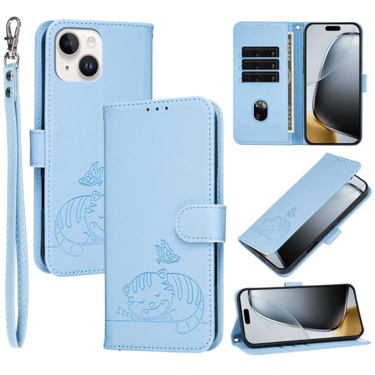 Custodia per telefono in ecopelle con cinturino e stampa a rilievo di gatto e farfalla, con protezione RFID., For iPhone 15 Pro Max, For iPhone 15 Pro, For iPhone 15 Plus