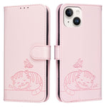 Custodia per telefono in ecopelle con cinturino e stampa a rilievo di gatto e farfalla, con protezione RFID., For iPhone 15, For iPhone 14 Plus, For iPhone 14 / 13