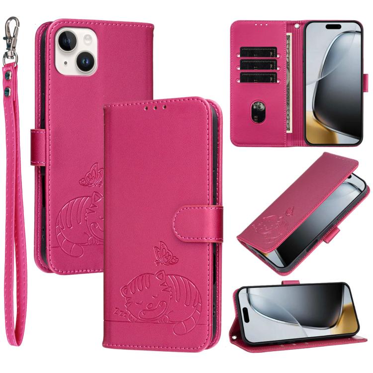 Custodia per telefono in ecopelle con cinturino e stampa a rilievo di gatto e farfalla, con protezione RFID., For iPhone 15, For iPhone 14 Plus, For iPhone 14 / 13