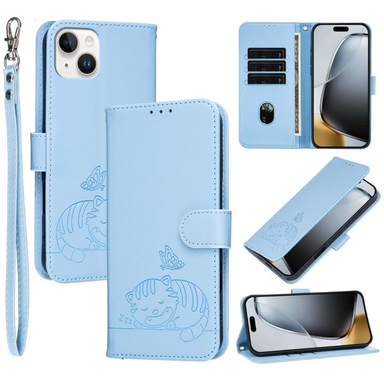 Custodia per telefono in ecopelle con cinturino e stampa a rilievo di gatto e farfalla, con protezione RFID., For iPhone 15, For iPhone 14 Plus, For iPhone 14 / 13