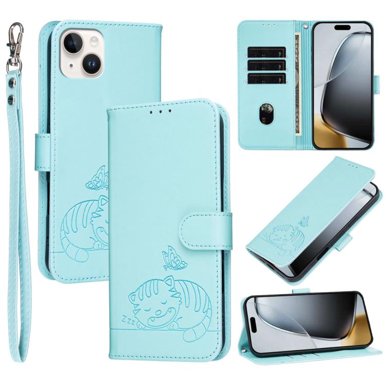 Custodia per telefono in ecopelle con cinturino e stampa a rilievo di gatto e farfalla, con protezione RFID., For iPhone 15, For iPhone 14 Plus, For iPhone 14 / 13