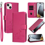 Custodia per telefono in ecopelle con cinturino e stampa a rilievo di gatto e farfalla, con protezione RFID., For iPhone 15, For iPhone 14 Plus, For iPhone 14 / 13
