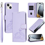 Custodia per telefono in ecopelle con cinturino e stampa a rilievo di gatto e farfalla, con protezione RFID., For iPhone 15, For iPhone 14 Plus, For iPhone 14 / 13