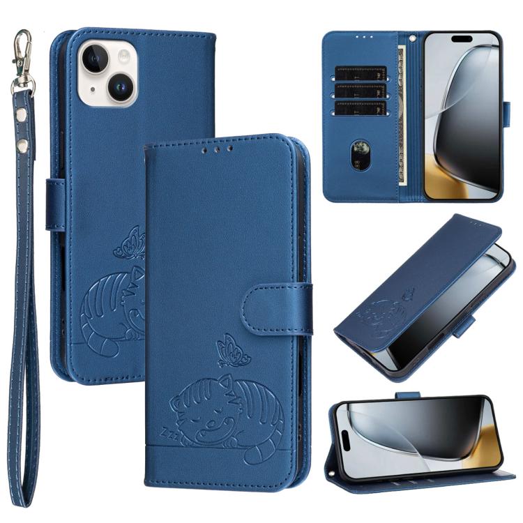 Custodia per telefono in ecopelle con cinturino e stampa a rilievo di gatto e farfalla, con protezione RFID., For iPhone 15, For iPhone 14 Plus, For iPhone 14 / 13
