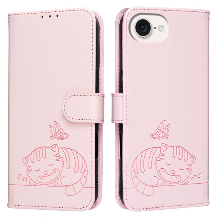Custodia per telefono in ecopelle con cinturino e stampa a rilievo di gatto e farfalla, con protezione RFID., For iPhone 17e / 16e, For iPhone 17 Pro Max, For iPhone 17 Pro