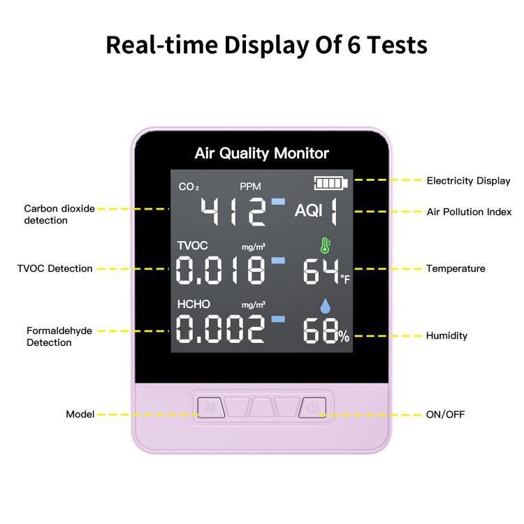 DA10 Monitor intelligente della qualità dell'aria 6 in 1 con schermo LCD da 2,8 pollici