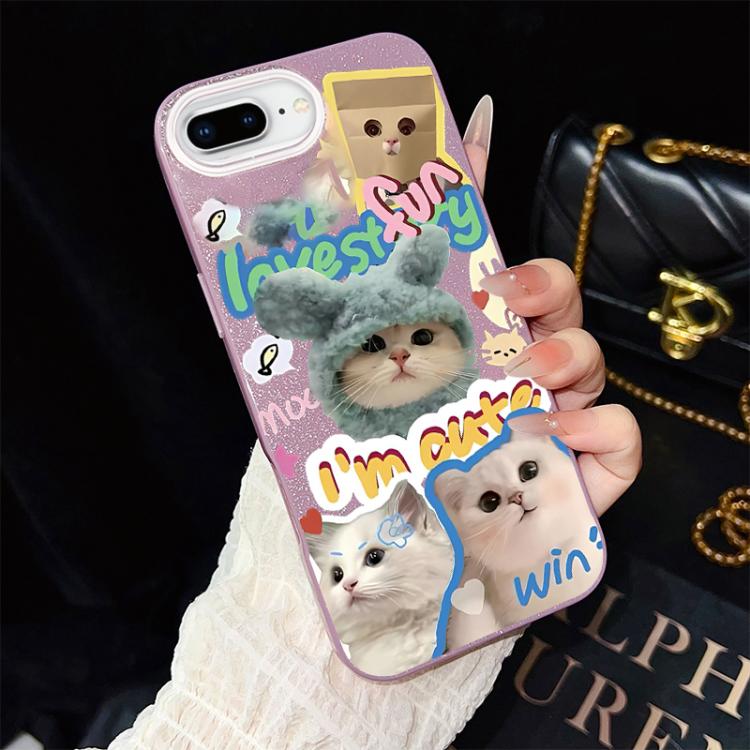 Custodia per telefono ibrida in PC e TPU con glitter e motivo gatti IMD, For iPhone 8 Plus / 7 Plus, For iPhone 6 Plus / 6s Plus, For iPhone 6 / 6s