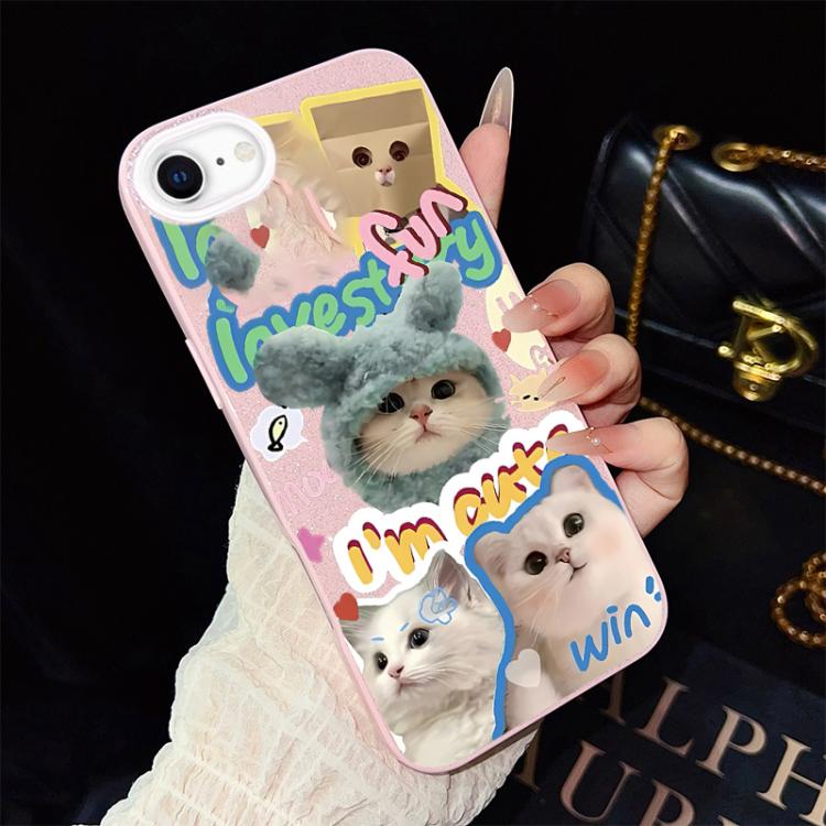 Custodia per telefono ibrida in PC e TPU con glitter e motivo gatti IMD, For iPhone 15, For iPhone 14 Plus, For iPhone 14, For iPhone 14 Pro, For iPhone 14 Pro Max, For iPhone SE 2022 / SE 2020