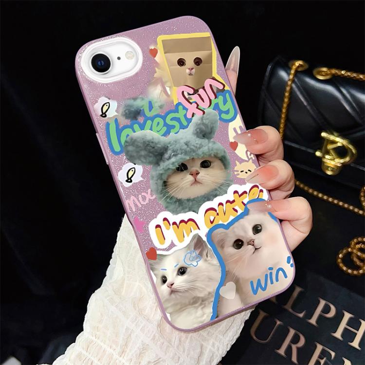 Custodia per telefono ibrida in PC e TPU con glitter e motivo gatti IMD, For iPhone 15, For iPhone 14 Plus, For iPhone 14, For iPhone 14 Pro, For iPhone 14 Pro Max, For iPhone SE 2022 / SE 2020