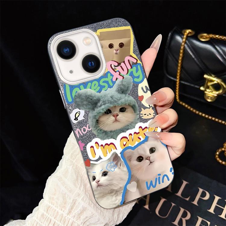 Custodia per telefono ibrida in PC e TPU con glitter e motivo gatti IMD, For iPhone 15, For iPhone 14 Plus, For iPhone 14, For iPhone 14 Pro, For iPhone 14 Pro Max, For iPhone SE 2022 / SE 2020