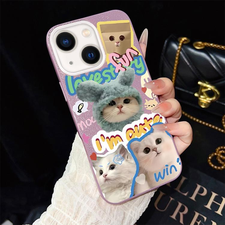 Custodia per telefono ibrida in PC e TPU con glitter e motivo gatti IMD, For iPhone 15, For iPhone 14 Plus, For iPhone 14, For iPhone 14 Pro, For iPhone 14 Pro Max, For iPhone SE 2022 / SE 2020