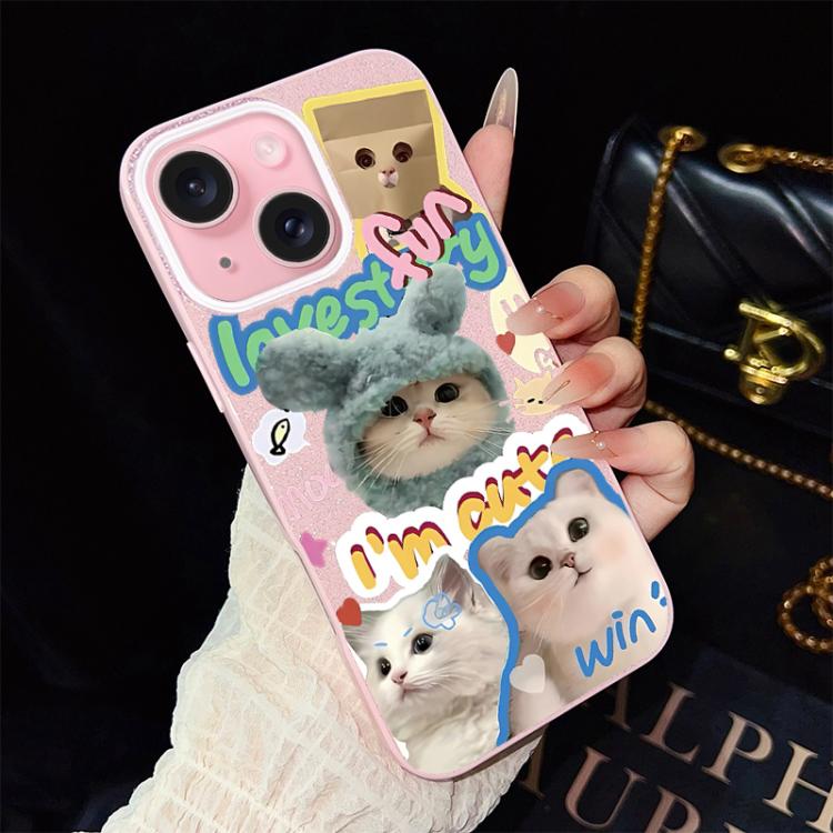 Custodia per telefono ibrida in PC e TPU con glitter e motivo gatti IMD, For iPhone 16 Pro, For iPhone 16 Plus, For iPhone 16, For iPhone 15 Pro Max, For iPhone 15 Pro, For iPhone 15 Plus