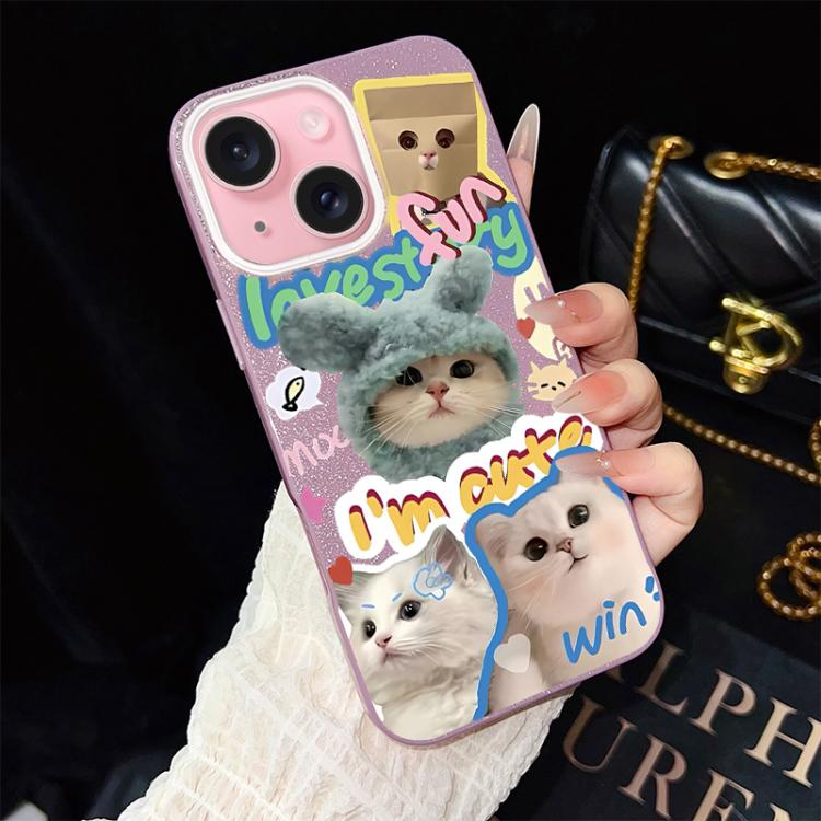 Custodia per telefono ibrida in PC e TPU con glitter e motivo gatti IMD, For iPhone 16 Pro, For iPhone 16 Plus, For iPhone 16, For iPhone 15 Pro Max, For iPhone 15 Pro, For iPhone 15 Plus