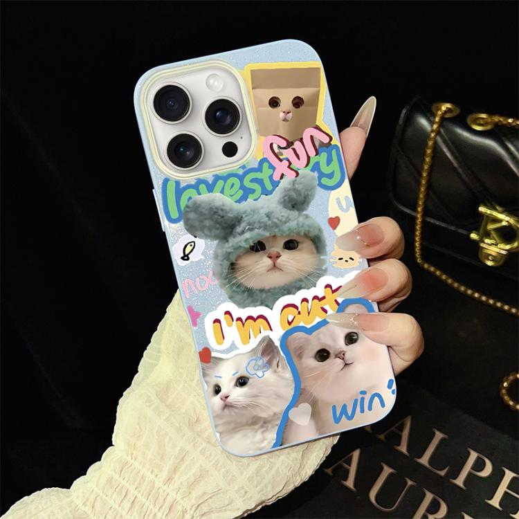 Custodia per telefono ibrida in PC e TPU con glitter e motivo gatti IMD, For iPhone 16 Pro, For iPhone 16 Plus, For iPhone 16, For iPhone 15 Pro Max, For iPhone 15 Pro, For iPhone 15 Plus