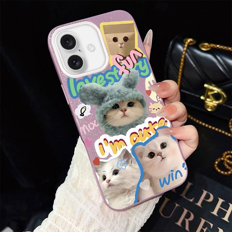 Custodia per telefono ibrida in PC e TPU con glitter e motivo gatti IMD, For iPhone 16 Pro, For iPhone 16 Plus, For iPhone 16, For iPhone 15 Pro Max, For iPhone 15 Pro, For iPhone 15 Plus