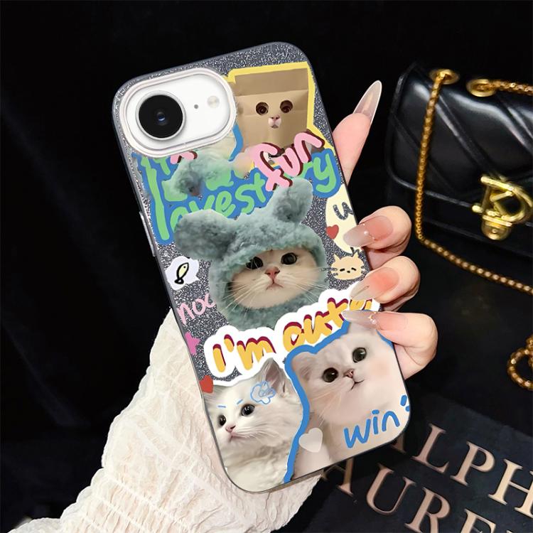 Custodia per telefono ibrida in PC e TPU con glitter e motivo gatti IMD, For iPhone 17e / 16e, For iPhone 17 Pro Max, For iPhone 17 Pro, For iPhone 17, For iPhone Air, For iPhone 16 Pro Max